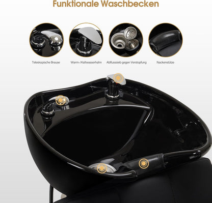 Barberpub Hairdressing Chair with Washbasin, Adjustable Ceramic Hairdressing Basin for Hairdressing SPA Salon 8010 (Black/PVC)
