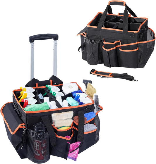 Puricon Cleaning Caddy with Wheels, Professional Portable Rolling Cleaning Supplies Bag with Detachable Trolley Large Cleaning Cart with Handle and Shoulder Strap for Housekeeping -Blackorange