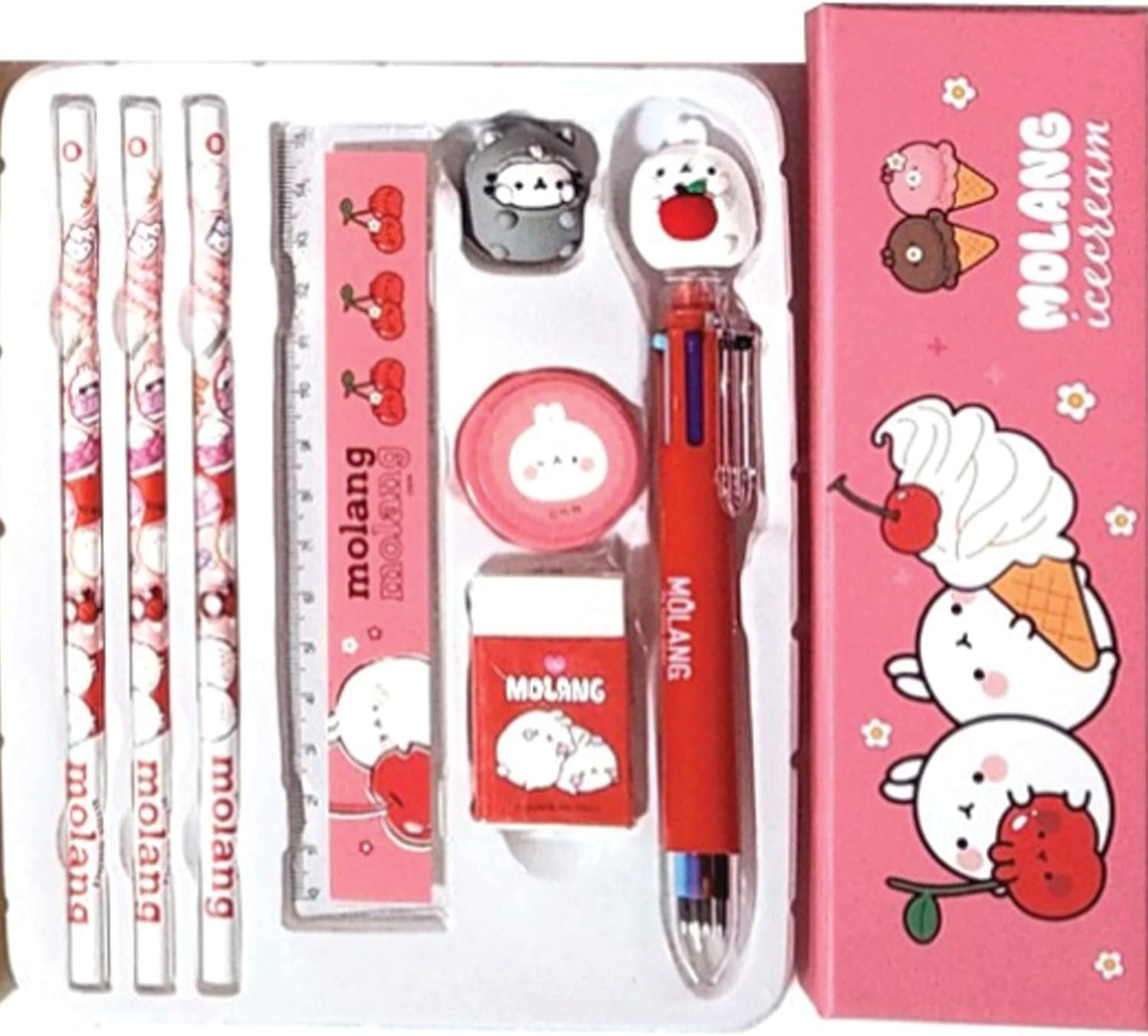 Molang Best School Stationery Set - Kawaii Korean Kit (Pencil 3pcs, Eraser, Sharpener, Case, 6-Color Ballpoint Pen, Figure, Ruler) - Complete Supplies for Students, Office, Art, Writing