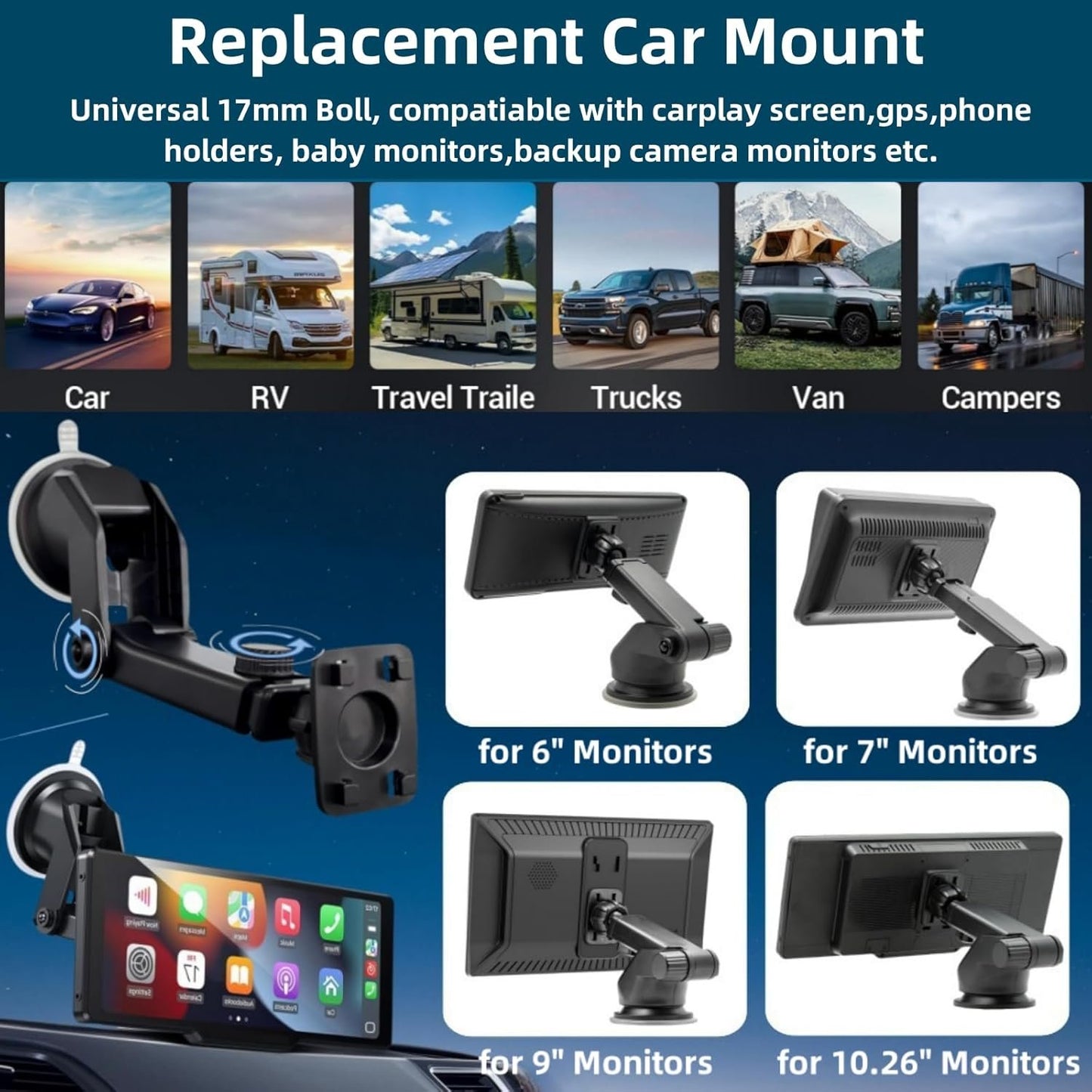 Epronic Carplay Screen Mount, Bendable Flexible Dashboard Suction Cup Bracket for 7Inch 9Inch 9.3 Inch 10.26 Inch Portable Car Play Windshield GPS Mount Phone Holder