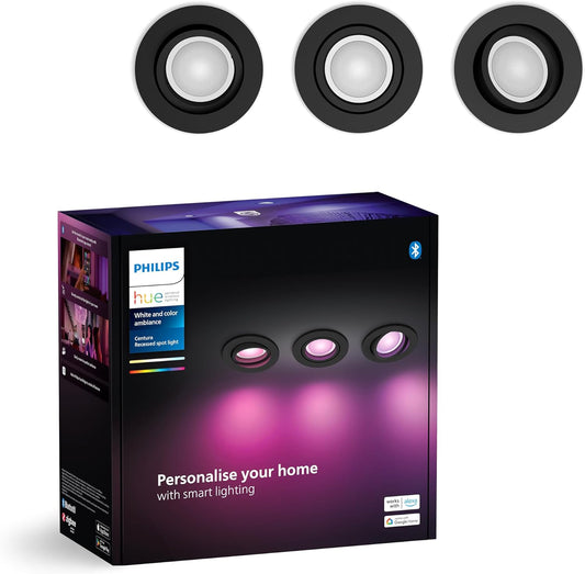 Philips Hue White & Colour Ambiance Centura Set of 3 Round Downlights, Dimmable Ceiling Lights for Hue Lighting System, Intelligent Voice and App Light Control, Black