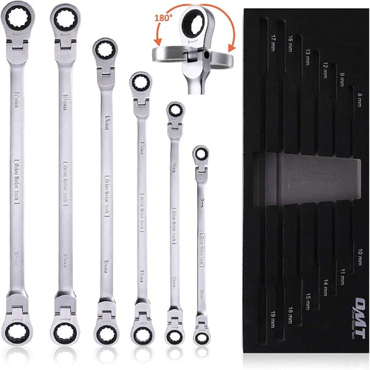 Orion Motor Tech Flex-Head Extra Long Gear Ratcheting Box End Wrench 6 Set, Metric XL Extended Long Handle, 9-5/8" to 16-1/2" Length, 8mm 10mm 12mm 13mm 14mm 15mm 16mm 17mm 18mm 19mm - 6pcs & 12 Sizes