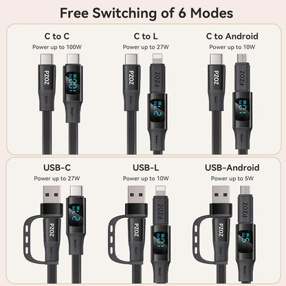 PZOZ 100W Retractable USB C Cable with LED Display, USB Multi Charging Cable with Lightning Micro Adapter Ports for iPhone 16 15 14 iPad Mac Samsung, Stickable Desktop Management Cord (1.5m)