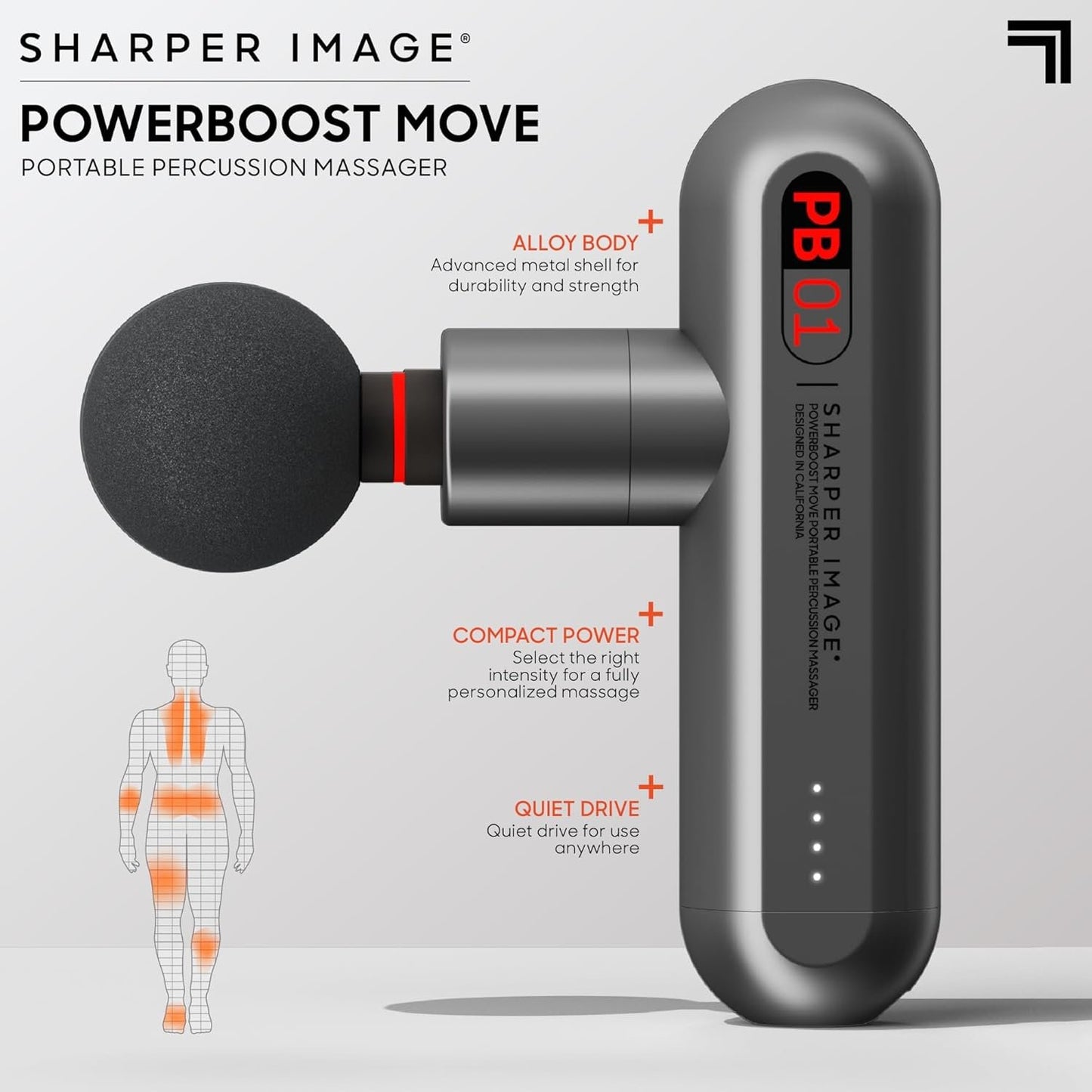 Sharper Image Deep Tissue Portable Percussion Massage Gun, Powerboost Move Full Body, Back & Neck Muscle Massager with 4 Attachments - Handheld Rechargeable Electric Massage Gun for Athletes