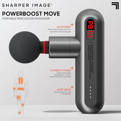 Sharper Image Deep Tissue Portable Percussion Massage Gun, Powerboost Move Full Body, Back & Neck Muscle Massager with 4 Attachments - Handheld Rechargeable Electric Massage Gun for Athletes