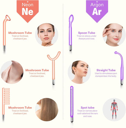High Frequency Face Machine, 6 Pieces, Neon Gas Sticks and Argon Gas Sticks, Beauty Device for Skin Care, Acne Treatment, Skin Tightening, Wrinkle Reduction, Facial Cleanser