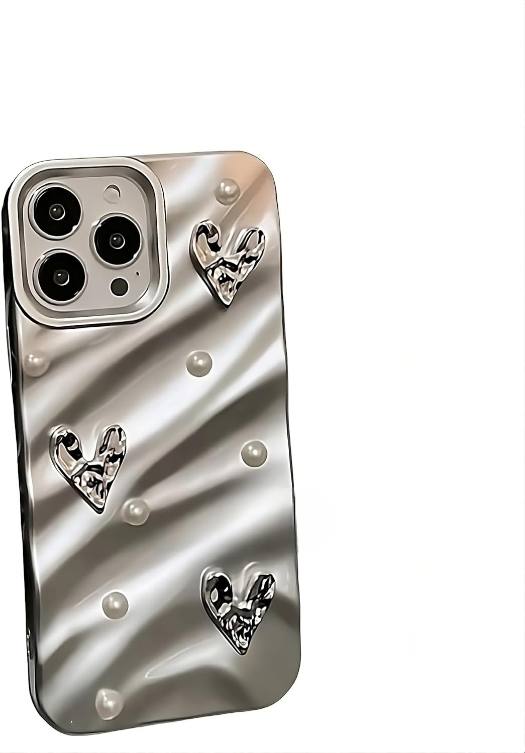 TECH Work Designed for iPhone 15 Pro Max Case, Silver Diamond Heart Fancy Luxury Designer Case for Women Girls, Shockproof Body Cover