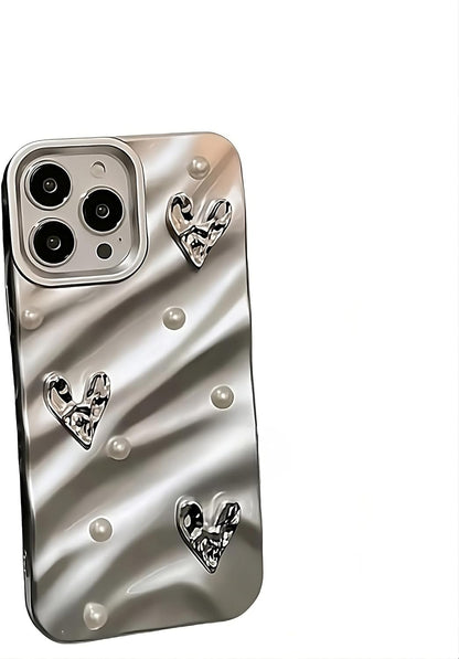 TECH Work Designed for iPhone 15 Pro Max Case, Silver Diamond Heart Fancy Luxury Designer Case for Women Girls, Shockproof Body Cover