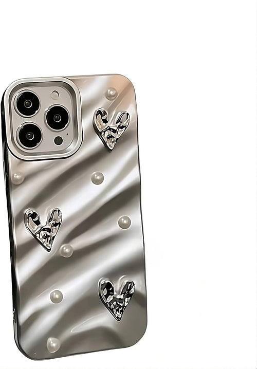 TECH Work Designed for iPhone 15 Pro Max Case, Silver Diamond Heart Fancy Luxury Designer Case for Women Girls, Shockproof Body Cover
