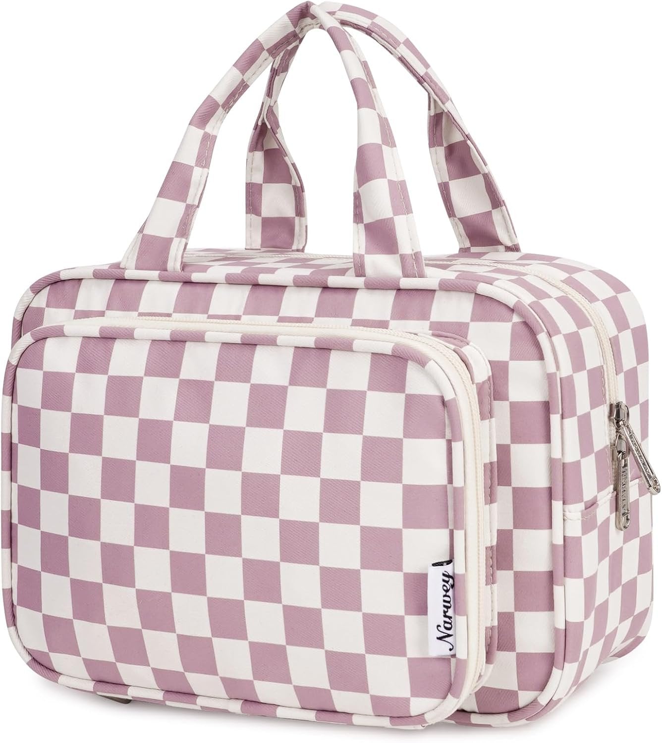 Narwey Full Size Checkered Toiletry Bag Women Travel Toiletries Bag Make Up Bag Large Cosmetic Makeup Organizer Bag for Travel Accessories Essentials (Dusty Rose Checkerboard)