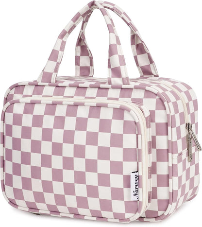 Narwey Full Size Checkered Toiletry Bag Women Travel Toiletries Bag Make Up Bag Large Cosmetic Makeup Organizer Bag for Travel Accessories Essentials (Dusty Rose Checkerboard)
