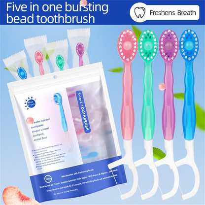 5 in 1 Mini Toothbrush & Floss & Tongue Scraper & Toothpick Set, Portable Oral Care for Travel Work, Disposable Toothbrushes with Toothpaste, 26pcs Individual Packs for Travel, Work (1 Bag(26 Pcs)