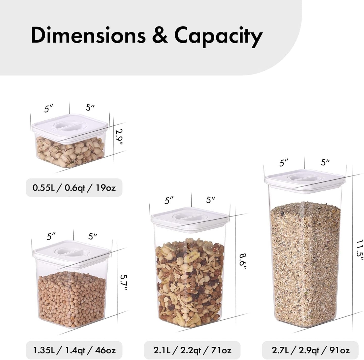 Neoflam Smart Seal 8pc Patent Airtight Kitchen Pantry Canister/Organizer Clear Plastic Container & Simple Twist Lids, 100% Leak Proof, Dishwasher Safe, BPA Free, Cereal, Dry Food Storage Set, White