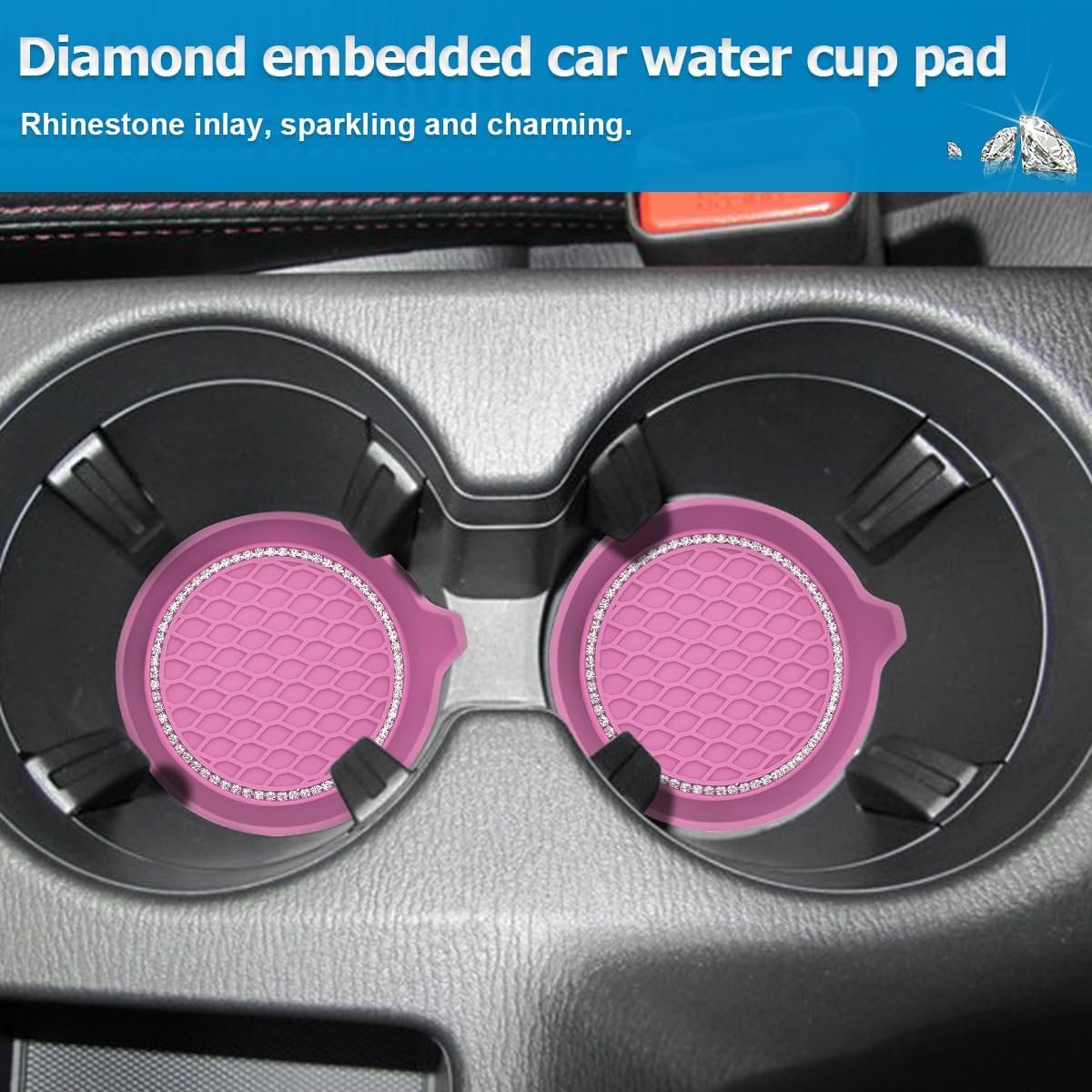 TSUGAMI Bling Car Cup Holder Coaster, 4 Pack Universal Insert Coasters with Crystal Rhinestone, Silicone Non-Slip Shockproof Drink Mat, Car Interior Accessories Fashion Decor for Women Girl (Pink)