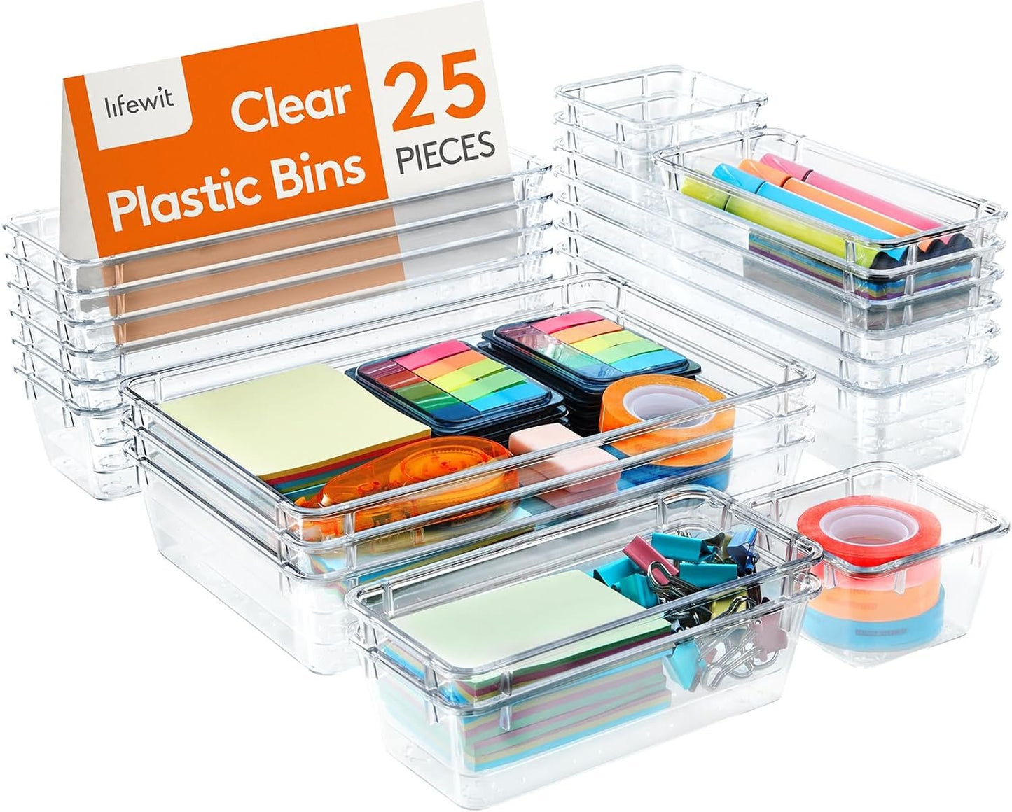 Lifewit 25 PCS Drawer Organizer Set Clear Plastic Desk Drawer Dividers Trays Dresser Storage Bins Separation Box for Makeup, Jewelries and Gadgets, Bedroom, Bathroom, Office