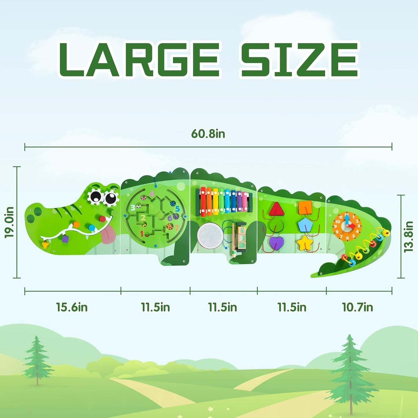 HELLOWOOD Crocodile Activity Wall Panels, 9-in-1 Wall-Mounted Crocodile Busy Board Wooden Montessori Educational Sensory Board Playroom Wall Toys Daycare Learning Toy for Girls Boysâ€¦