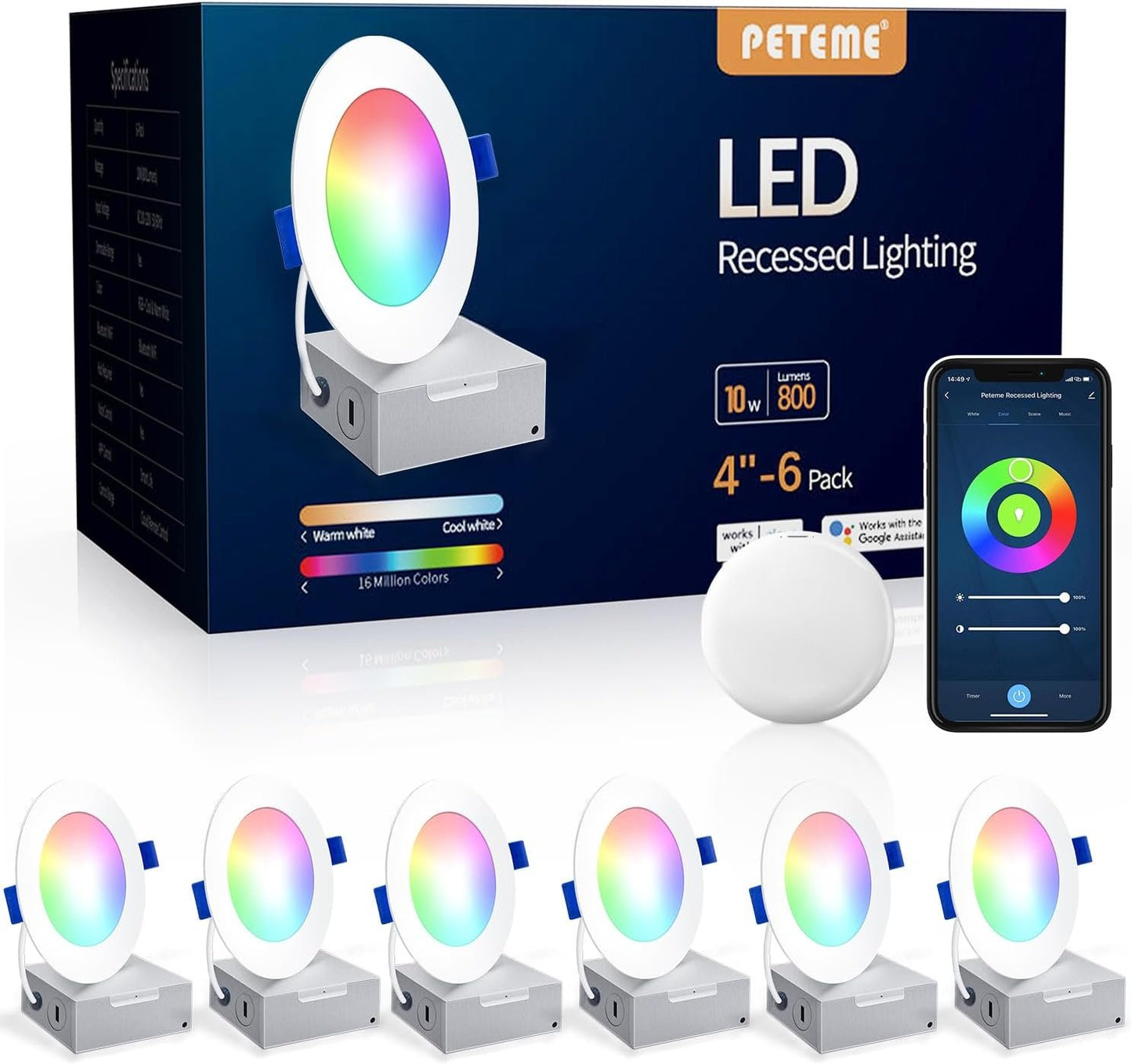 Peteme 4 Inch Pot Lights, Smart LED Recessed Lighting 6 Pack, High Brightness Dimmable RGBCW Color Changing Indoor Outdoor Soffit Downlight for Alexa/Google Only 2.4GHz WiFi 10W 800 Lumen