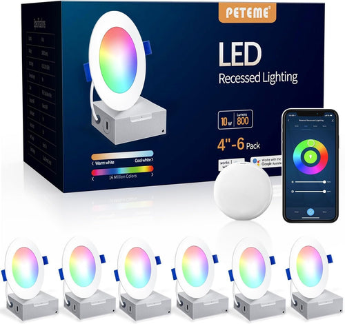 Peteme 4 Inch Pot Lights, Smart LED Recessed Lighting 6 Pack, High Brightness Dimmable RGBCW Color Changing Indoor Outdoor Soffit Downlight for Alexa/Google Only 2.4GHz WiFi 10W 800 Lumen