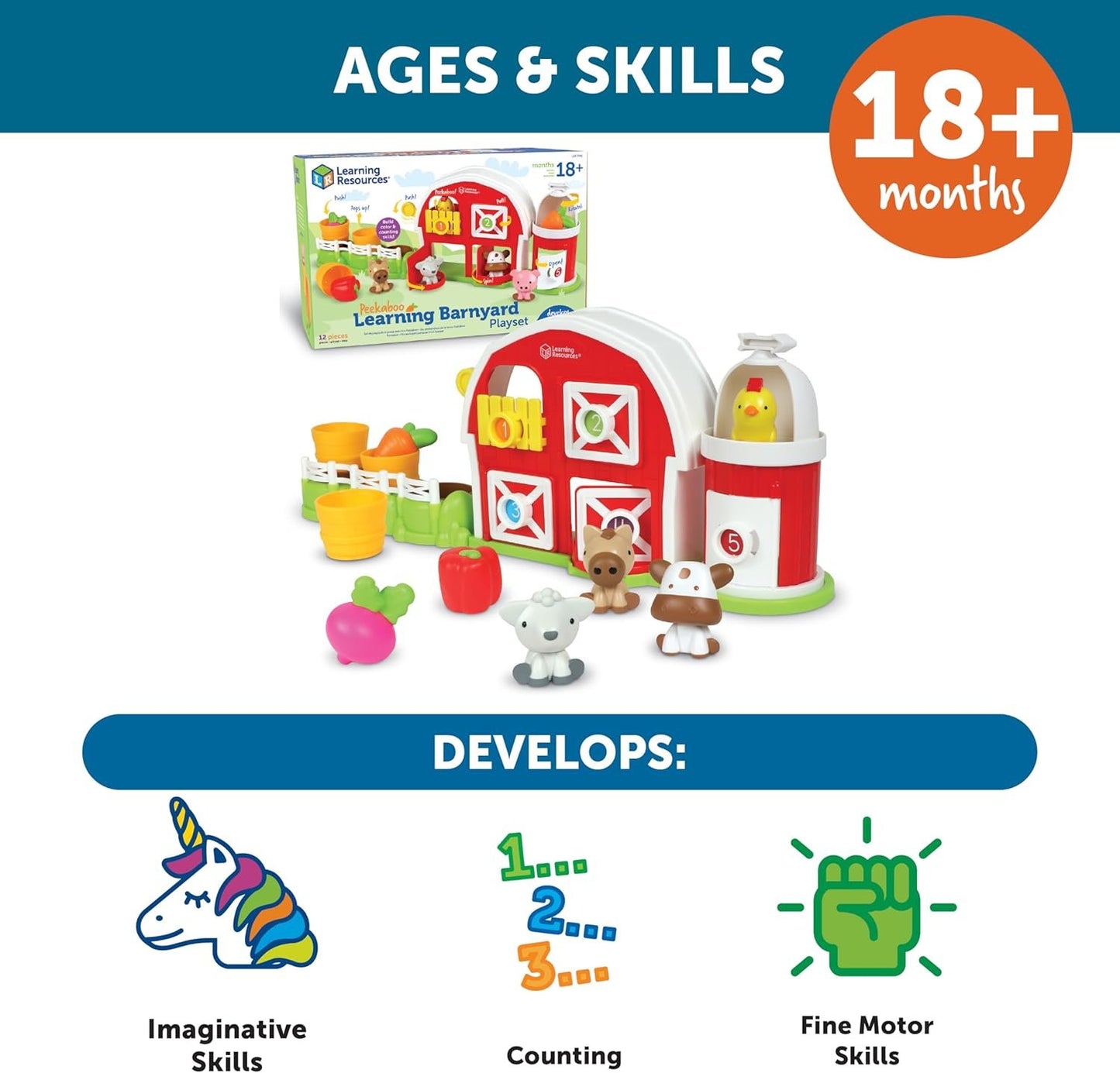 Learning Resources Peekaboo Learning Barnyard Playset, 12 Pieces, Ages 18 Months+, Toddler Toys, Montessori Toys, Preschool Learning Activities