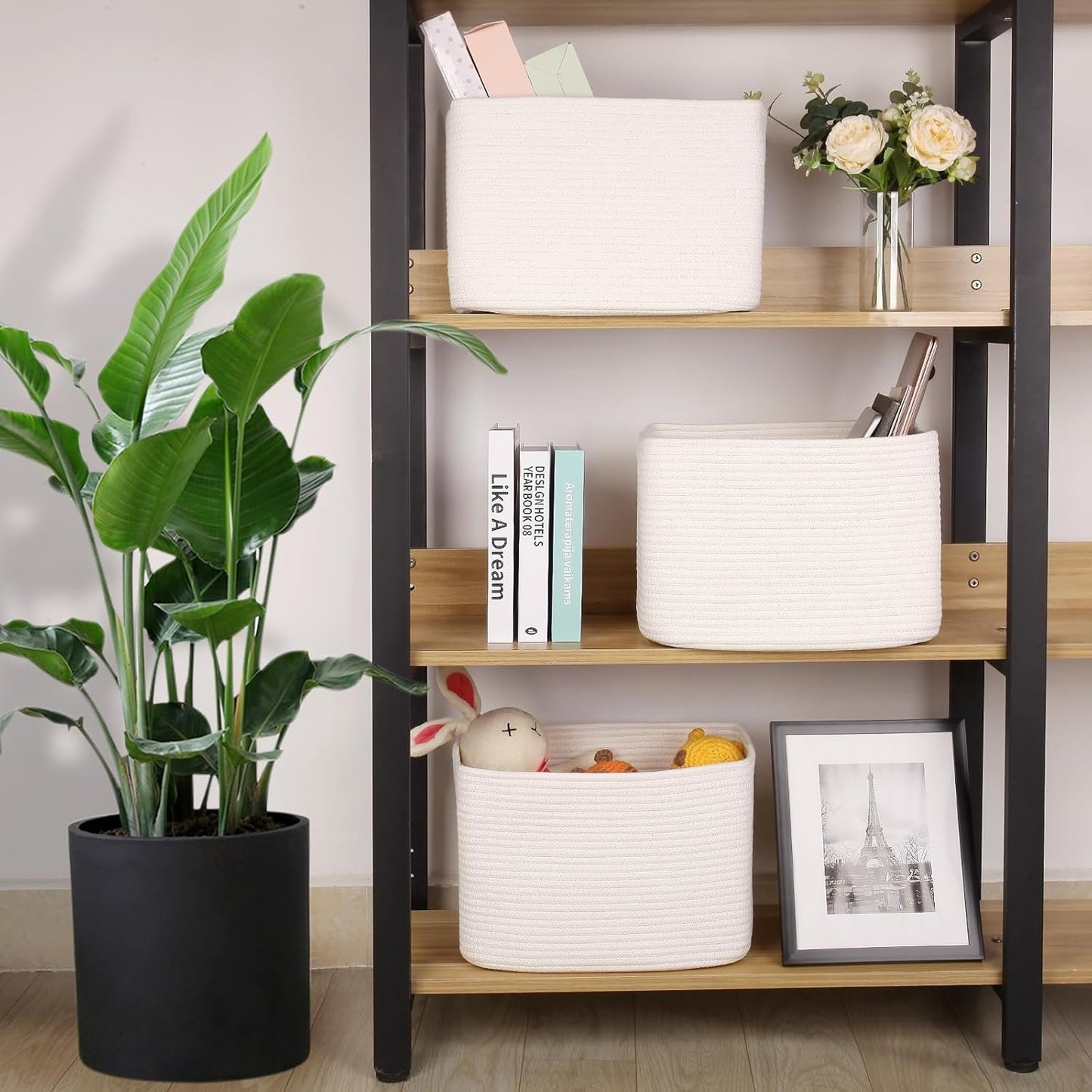 MicroIdeas Woven Storage Basket, Cotton Rope Organizing Baskets for Nursery, Baby Toys, Home Organization, rectangular Bathroom Towel Baskets for Shelves 13*11*9in - Set 3, White