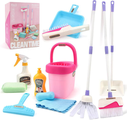 Coolplay Kids Cleaning Set for Toddlers Pretend Play Broom Set, 12pcs Mop and Cleaning Toys Set Pretend Playset Detachable Broom Mop Dustpan Pink Toy for Girls