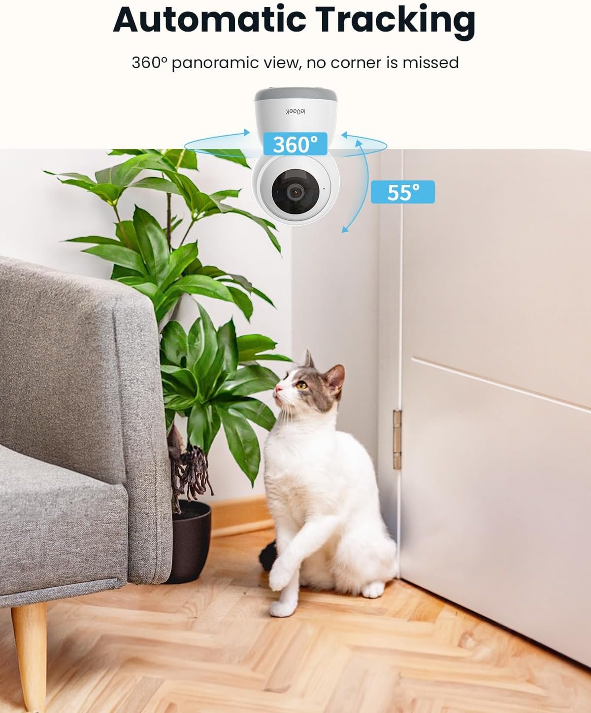ieGeek 2K Indoor Home Security Cameras，360° Pet Camera with Auto Tracking, Motion & Sound Detection，3MP Night Vision, 2.4G/5G WiFi Dog Camera with Phone App, Cloud & Memory Storage, Works with Alexa