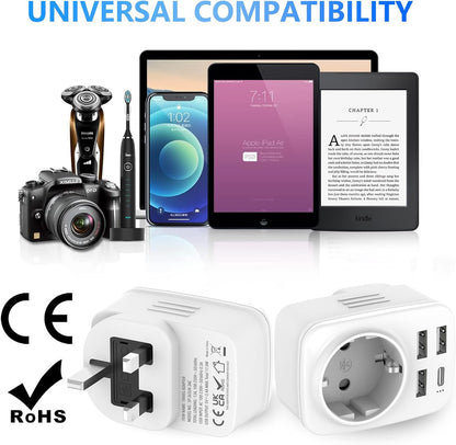 5 in 1 UK Plug Adapters, Clomnpe 2x UK Travel Adapter with 4 USB Ports, UK Italian Plug to Type G Sockets, UK Ireland, Dubai, Maldives, Malaysia, Hong Kong