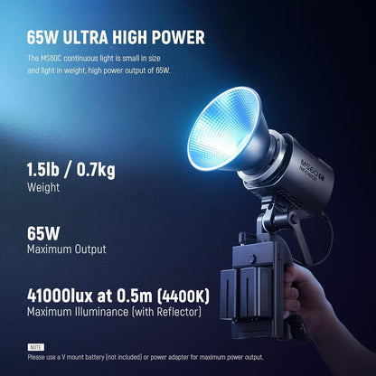 NEEWER MS60C RGBWW LED Video Light with 2.4G/APP Control, 65W Metal Mini RGB COB Continuous Output Lighting Bowens Mount Handheld Spotlight 2700K-6500K,8300lux/1m, CRI 97+/TLCI 98+,17 Effects + RGBCW