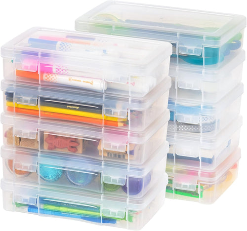 IRIS USA Plastic Pencil Box, Clear Pencil Case Stackable Storage Organizer Container with Latching Lid, 10-Pack, Satchel Case for Pencil Markers Tools Art and Craft Storage Supply Organizer, Clear