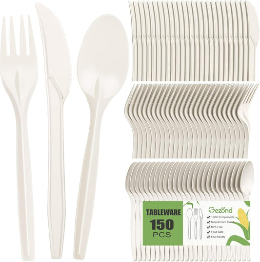 Gezond Compostable Cutlery Set 150pcs Disposable Forks Knives Spoons 7 Inch Biodegradable Utensils Set Heavy Duty Biodegradable Cutlery