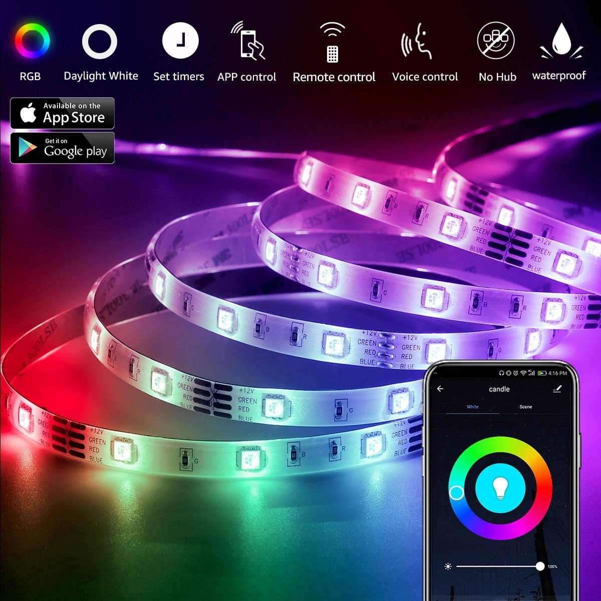 LE Waterproof Smart LED Light Strip, Work with Alexa and Google Assistant Led Lights, Support Voice/APP/Remote/in-line 4 Control Ways, 5050 SMD LEDs Brightness Dimmable LED Lights Strip (32.8ft)
