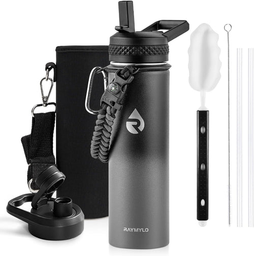 RAYMYLO Insulated Water Bottle 20 oz, Triple Wall Vacuum Stainless Steel (Cold for 48 Hrs), Leak Proof & Non-BPA, Kids Water Bottle Jug for School with Straw Spout Lids, Dark Gray