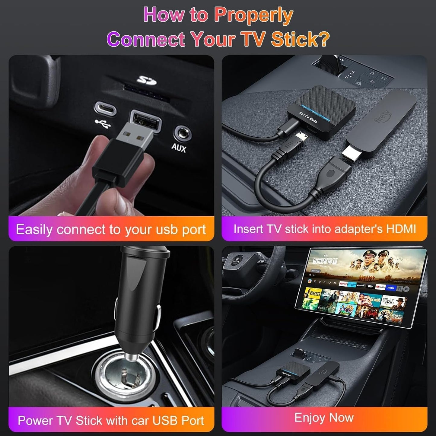 Car TV Mate 2025 Built-in Wireless CarPlay Adapter, Fire TV Stick Converter for Car Plug & Play, Stable Fast, No Latency, HDMl Multimedia Adapter with Factory Wired CarPlay and Most Streaming Devices