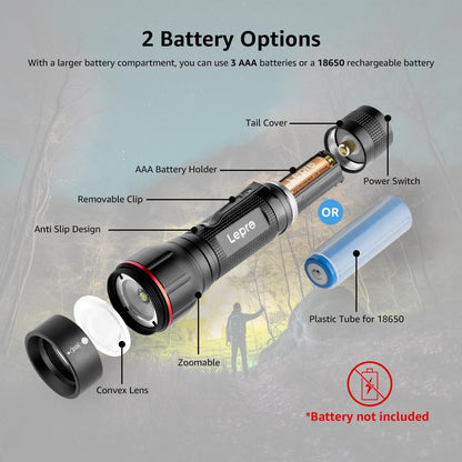 Lepro Tactical Flashlight, Led Flashlight Gifts for Men, 5 Lighting Modes Flashlights, Zoomable, Waterproof, Powered by 3 AAA Batteries, Rechargeable Flashlight for Camping Emergency 2Pack