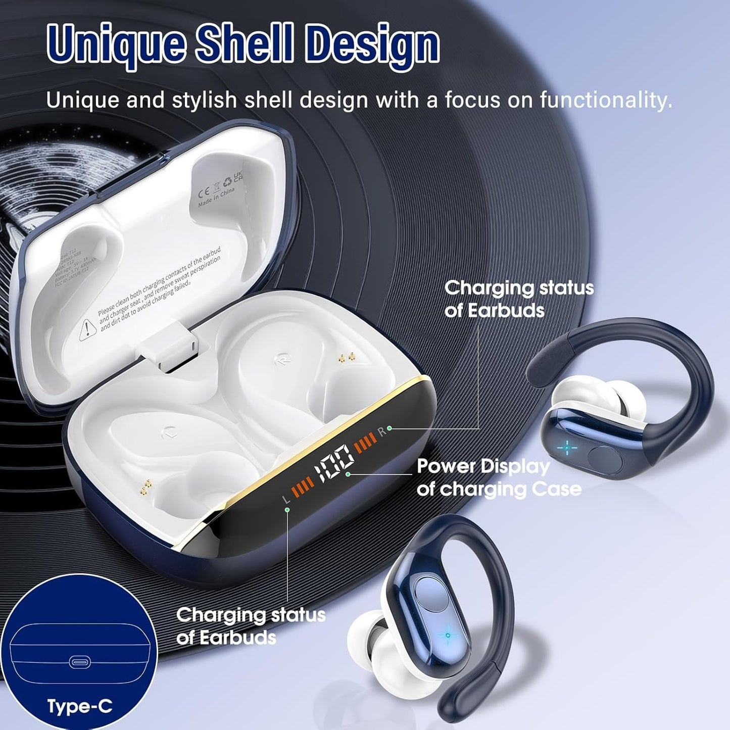 Wireless Earbuds, 75H Bluetooth 5.4 Headphones, Sport Wireless Earphones with 4 ENC Mic, Stereo Bass, IP7, Bluetooth Earbuds with Earhooks for Workout/Running/Work, Dual LED Display Ear buds,Deep Blue