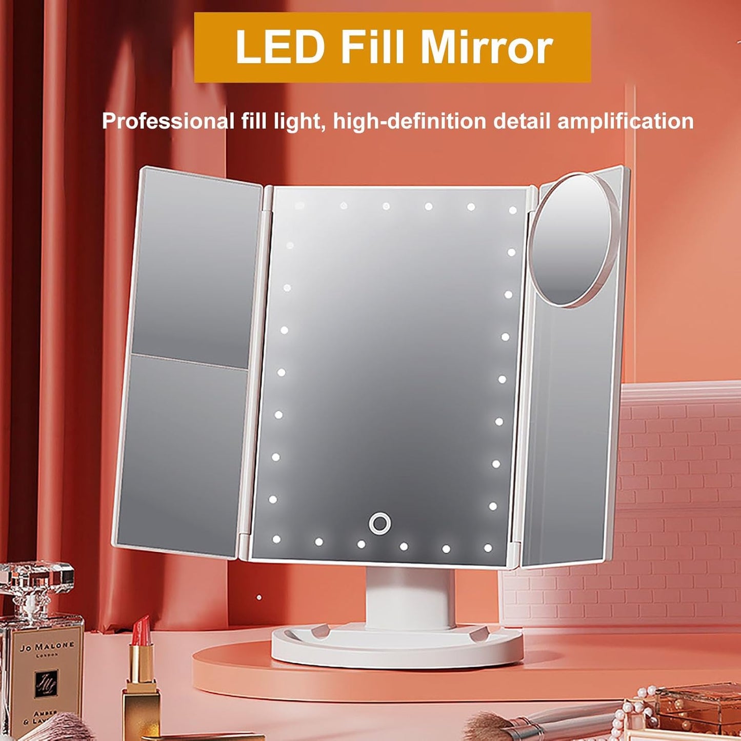 Tri-Fold LED Makeup Mirror | Portable Tabletop Vanity Mirror | Stepless Dimming | 1X/2X/3X Magnification + 10X Small Mirror | Home & Travel Makeup Tool (Pink)