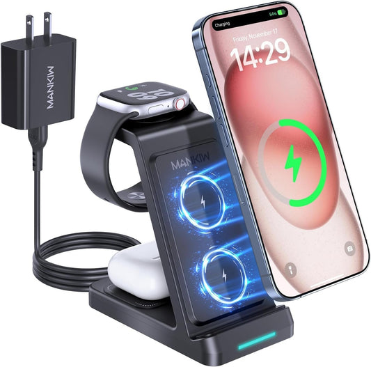 3 in 1 Charging Station for iPhone,Fast Wireless Charger for iPhone 16/15/14/13/12/11 X Pro Max, Apple Watch Ultra 10/9/8/7/6/SE/5/4/3/2 (with Adapter)