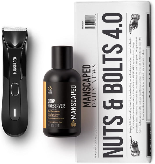 MANSCAPED™ Nuts and Bolts 4.0, Men's Grooming Kit, Includes The Lawn Mower™ 4.0 Ergonomically Designed Powerful Waterproof Trimmer, The Crop Preserver™ Ball Deodorant and Disposable Shaving Mats