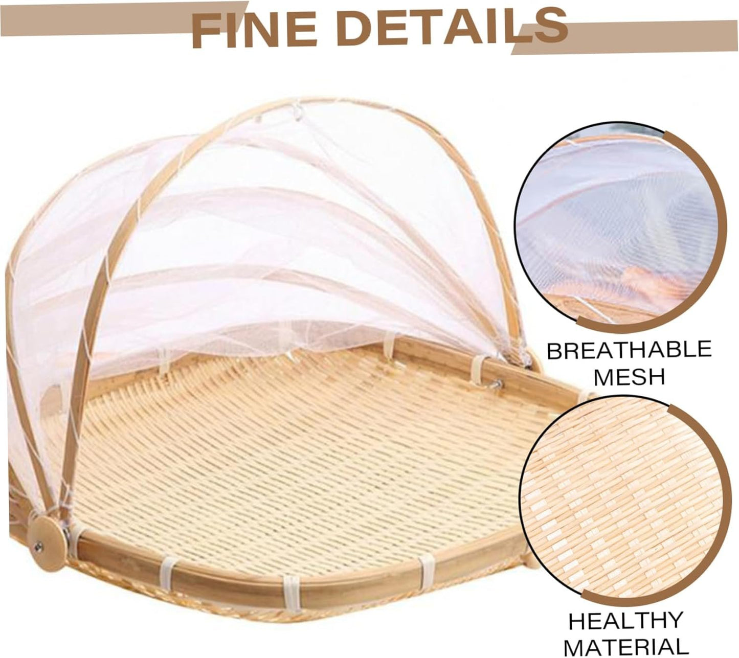 Fruit Basket with Cover 15x15 in Square Woven Bamboo Bread Basket with Lid Dust-Proof Mesh Wicker Food Serving Tent for Picnic Vegetable Fruits Meals
