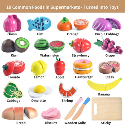 WHOHOLL Wooden Play Food for Kids Kitchen Playset, Play Kitchen Accessories Pretend Cutting Food Montessori Toys for 2+ Year Old with Basket, Toy Food Fruits Vegetables Gift for Fine Motor Skills