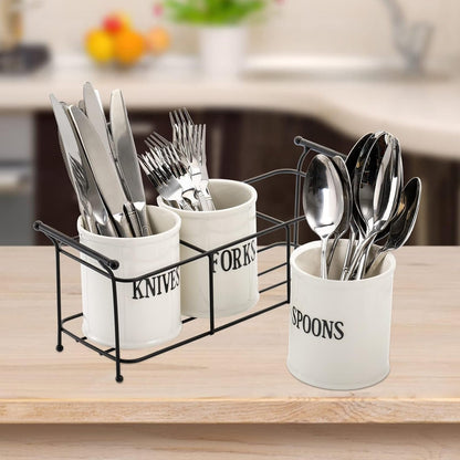 Bekith 3-Piece White Ceramic Silverware Caddy with Black Metal Rack, Utensil Holder Flatware Caddy Cutlery Storage Organizer for Kitchen Table, Cabinet or Pantry