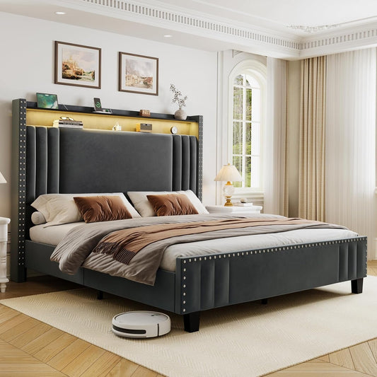 ROLETALENT Queen Bed Frame with Storage Tall Headboard & LED Light,Velvet Upholstered Bed Frame Queen Size with Charging Station,Platform Bed Frame,No Box Spring Needed Dark Grey