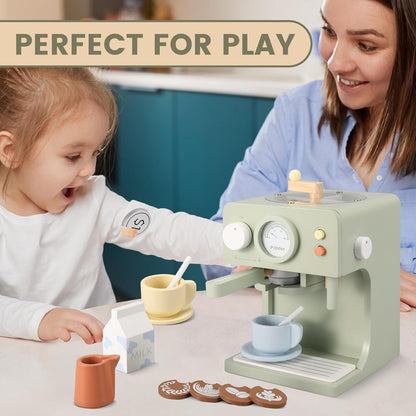 Pithfor Kids Wooden Coffee Maker Toy with Grinder, Pretend Play Kitchen Appliances & Accessories Toy Gift for Kids Toddlers Boys Girls