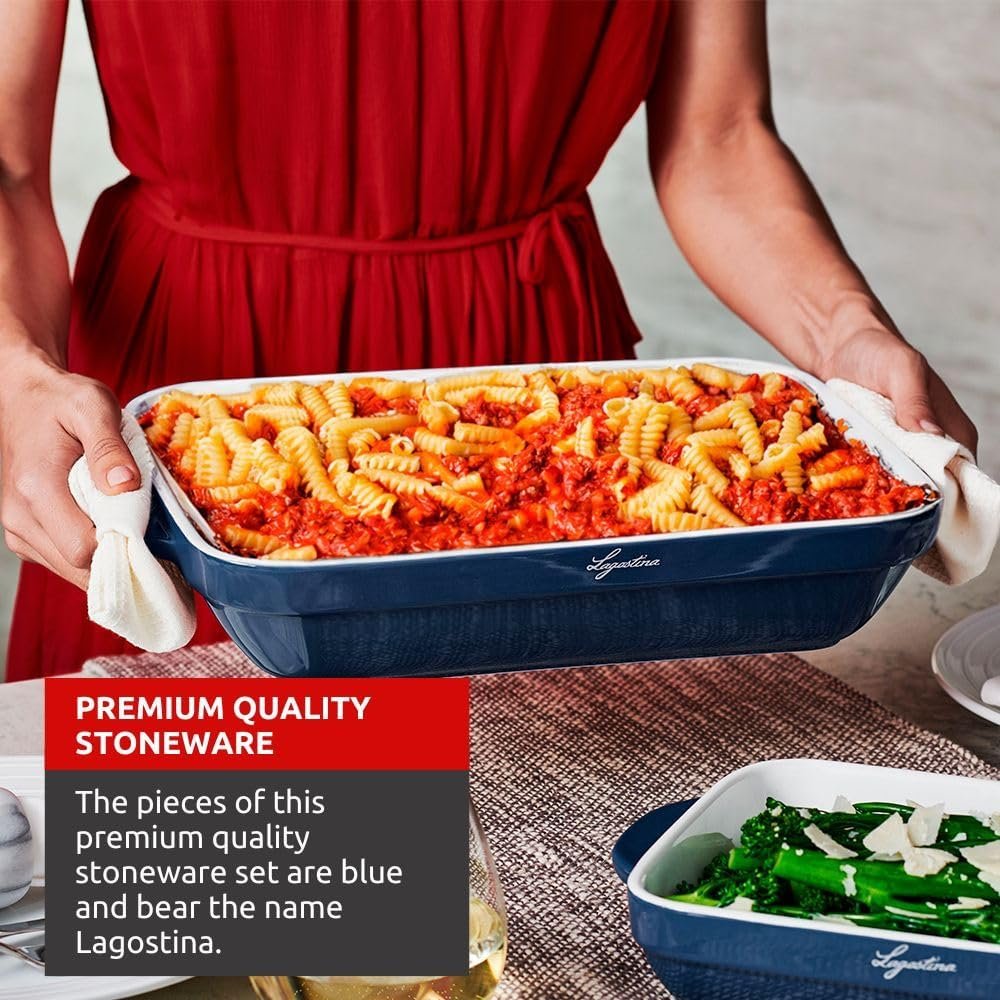 Lagostina Ceramic 4 Piece bakeware Set for The Everyday Baker, for Microwave, Oven, Dishwasher, Refrigerator/Freezer Safe, Blue