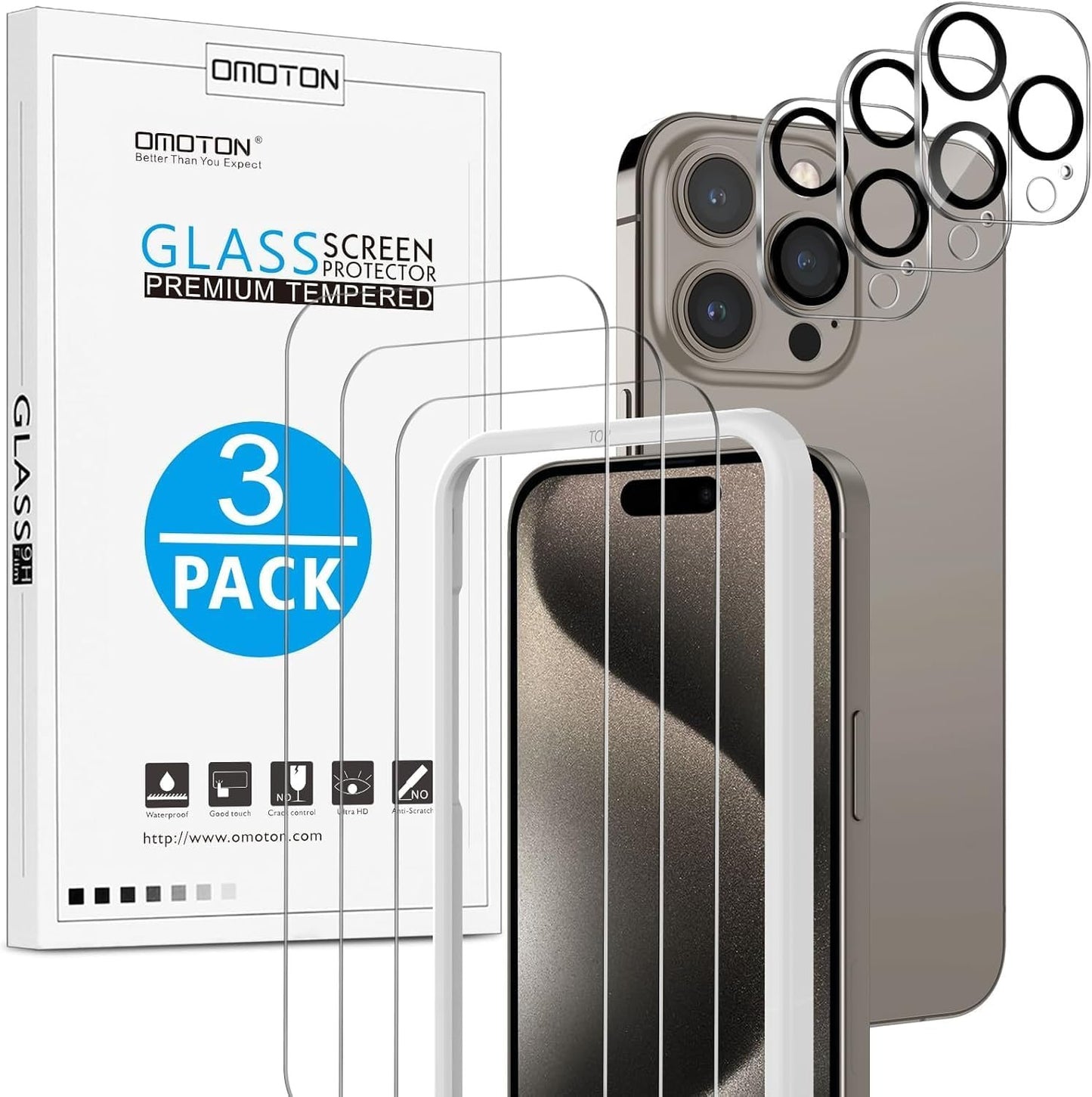 OMOTON Screen Protector for iPhone 15 Pro, 3 Pack Tempered Glass Screen Protector with 3 Pack Camera Lens Protector for iPhone 15 Pro 6.1-inch, Case Friendly/Easy Installation with Alignment Framework