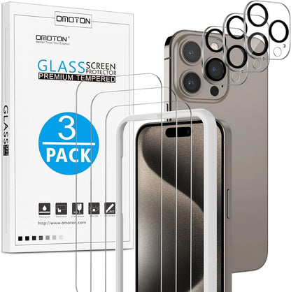 OMOTON Screen Protector for iPhone 15 Pro, 3 Pack Tempered Glass Screen Protector with 3 Pack Camera Lens Protector for iPhone 15 Pro 6.1-inch, Case Friendly/Easy Installation with Alignment Framework