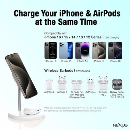 NEXUS NexusMag Wireless Charger, 15W Fast Charge, 2 in 1 MagSafe Charging Stand, Lightweight, Compatible with iPhone 16/15/14/13/AirPods Pro/Galaxy S25 Ultra/Pixel 9 Pro (No AC Adapter)