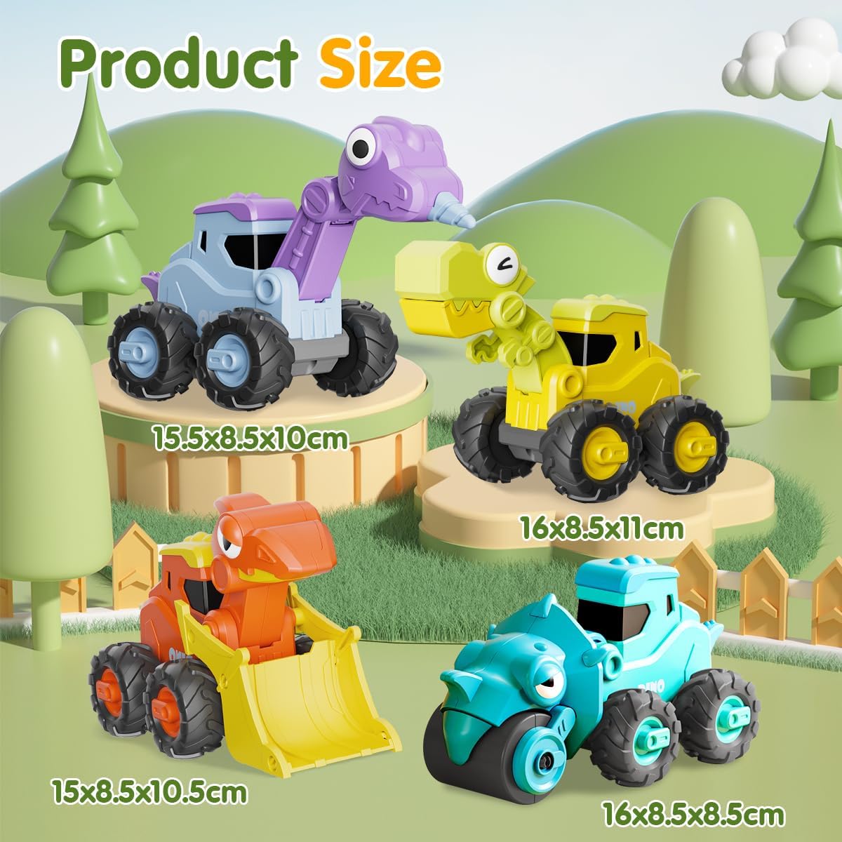 KaeKid Dinosaur Truck Toys for Toddlers, Press and Go Car Toys, Kids Construction Vehicles Playset, Infant Play Vehicle Set, Birthday Gift Toys for 18 Months + Boys Girls