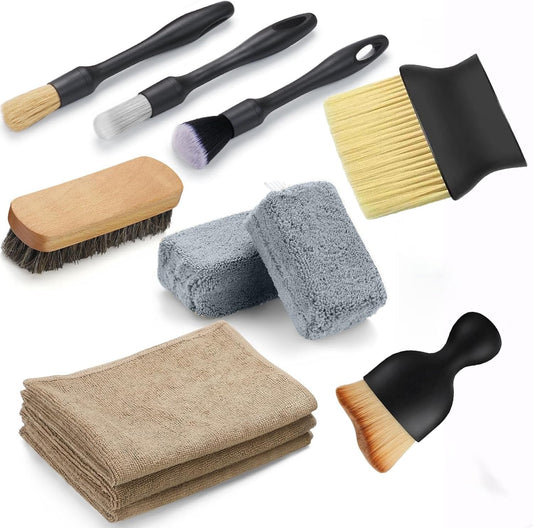 11PCS Car Interior Cleaning Dust Brush Detailing Set, Microfiber Cloth & Applicator, Single-Head Detailing Brushes, Natural Bristles, Scratch-Free & Ultra-Soft for Seats Leather Care or Cleaning