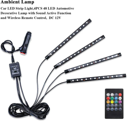 LivTee Car Led Interior Lights，4pcs 48 LED Multicolor Music Car Interior Accessories Under Dash Lighting Waterproof Kit with Sound Active Function and Wireless Remote Control, Car Charger Included